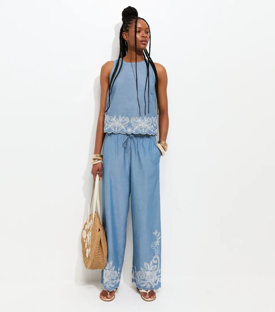 Women's Light Blue Chambray Embroidered Hem Wide Leg Trousers