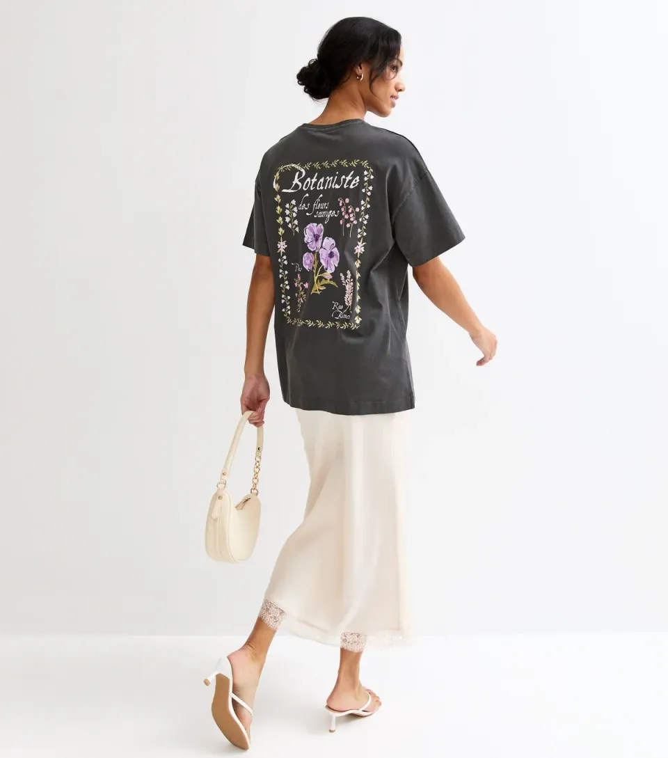 Women's Dark Grey Cotton Botaniste Print Oversized T-Shirt