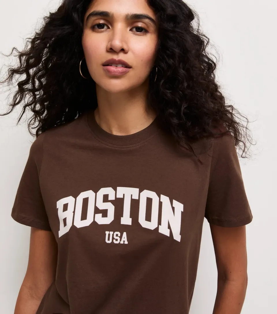 Women's Dark Brown Cotton Boston Logo Relaxed T-Shirt