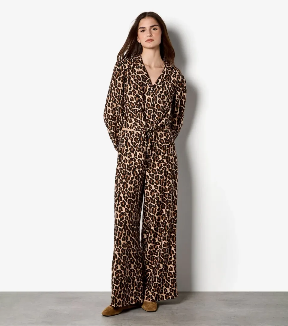 Women's Brown Leopard Print Wide Leg Trousers