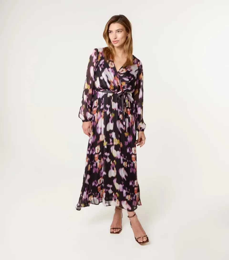 Women's Black Speckled Pattern Wrap Midi Dress