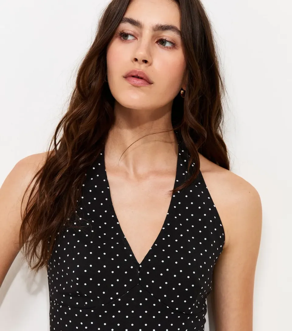 Women's Black Spot Print Halter Neck Top