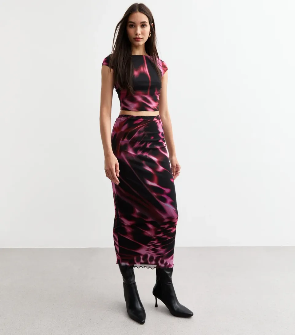 Women's Pink Abstract Print Mesh Crop Top