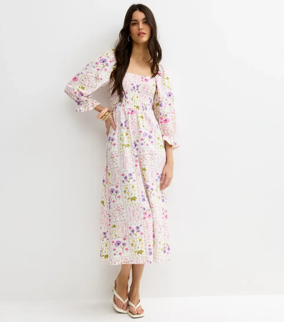 Women's Cream Floral Shirred Cropped Sleeve Midi Dress