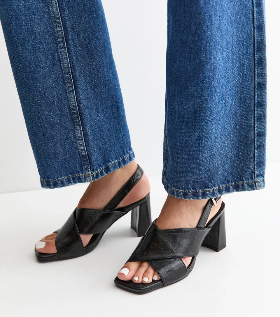Women's Black Faux Leather Cross Over Strap Block Heel Sandals Vegan