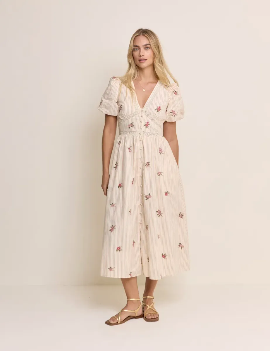 Pure Cotton Floral Midaxi Waisted Dress Cream