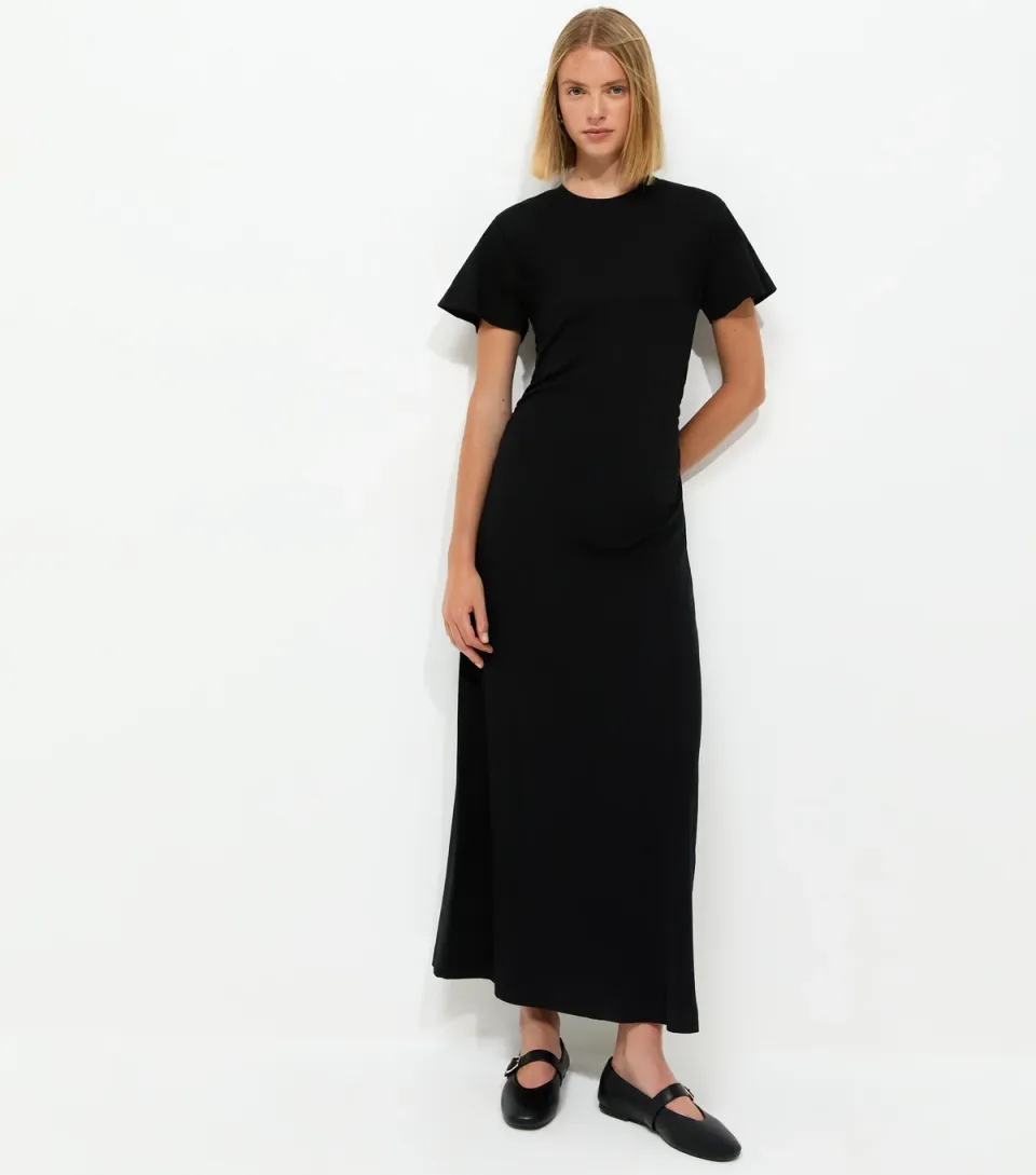 Women's Black Shirred Side Jersey Midi Dress