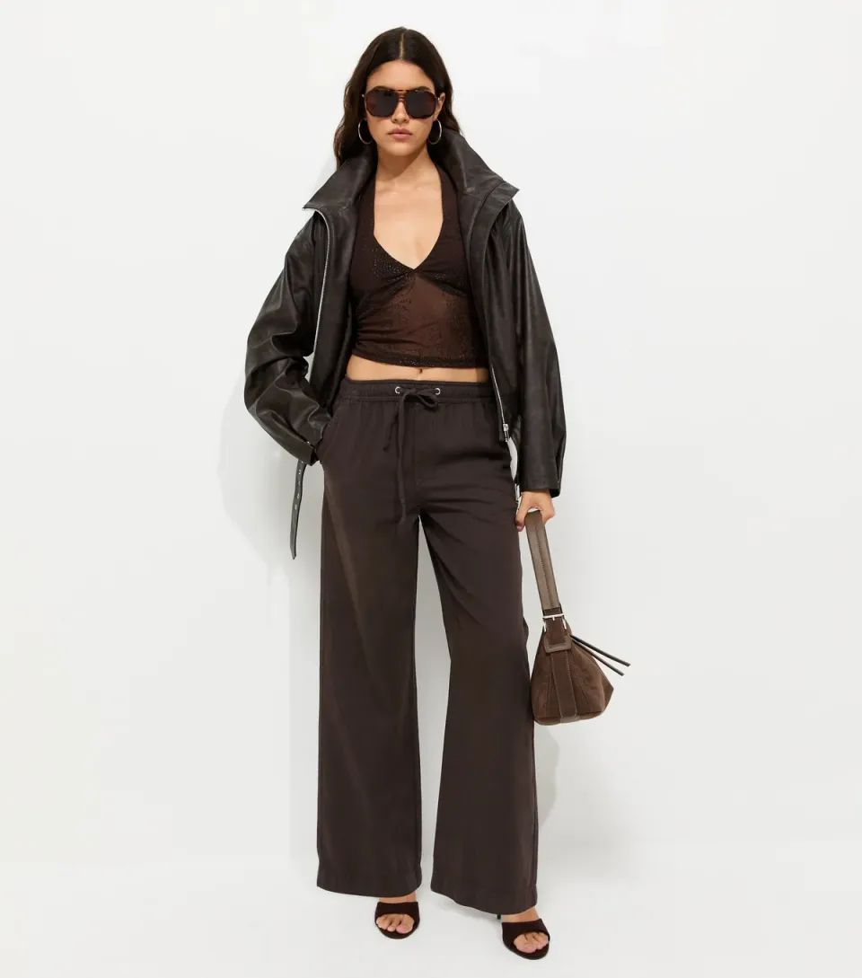 Women's Dark Brown Cotton Twill Drawstring Wide Leg Trousers