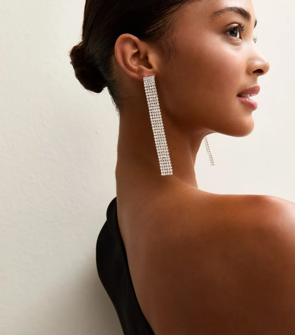 Silver Tone Extra Long Diamante Tassel Earrings