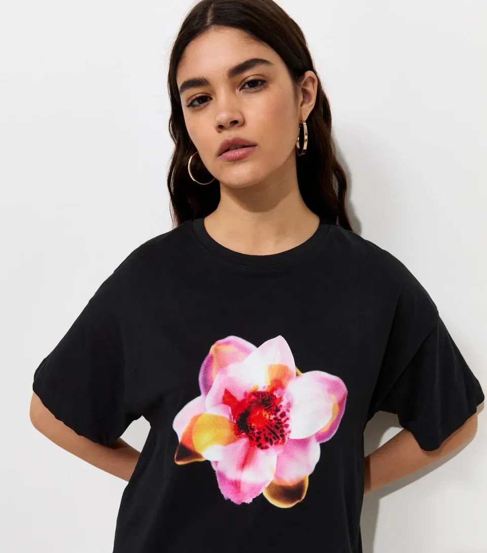 Women's Black Cotton Neon Flower Oversized T-Shirt