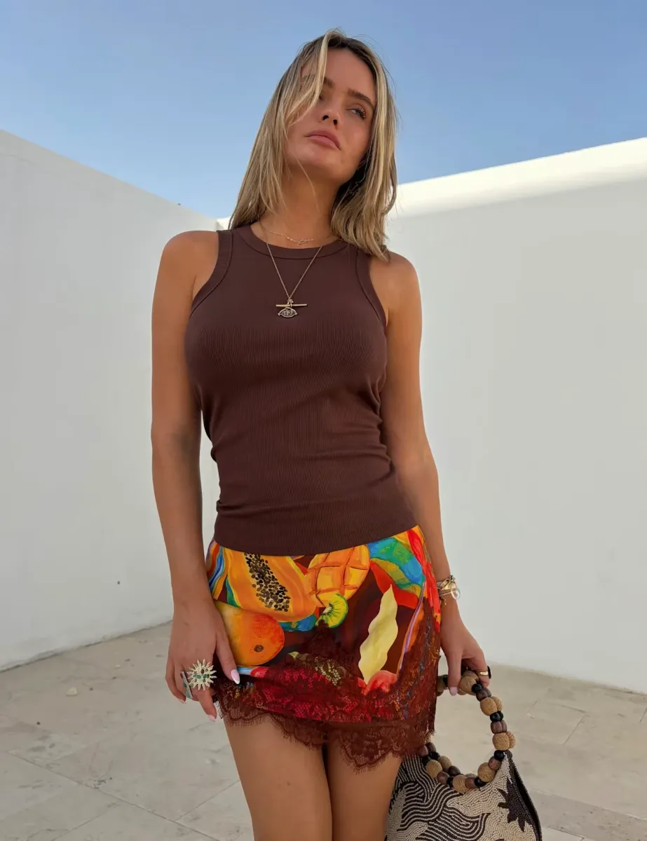 Embroidered Ribbed Vest Top Chocolate