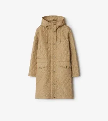 Quilted Nylon Hooded Coat in Flax beige