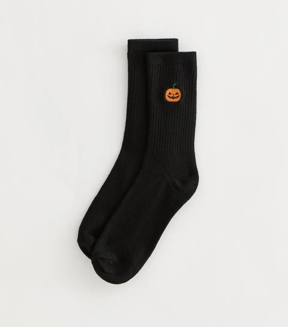 Black Cotton Rich Halloween Pumpkin Embroidered Ribbed Tube Socks