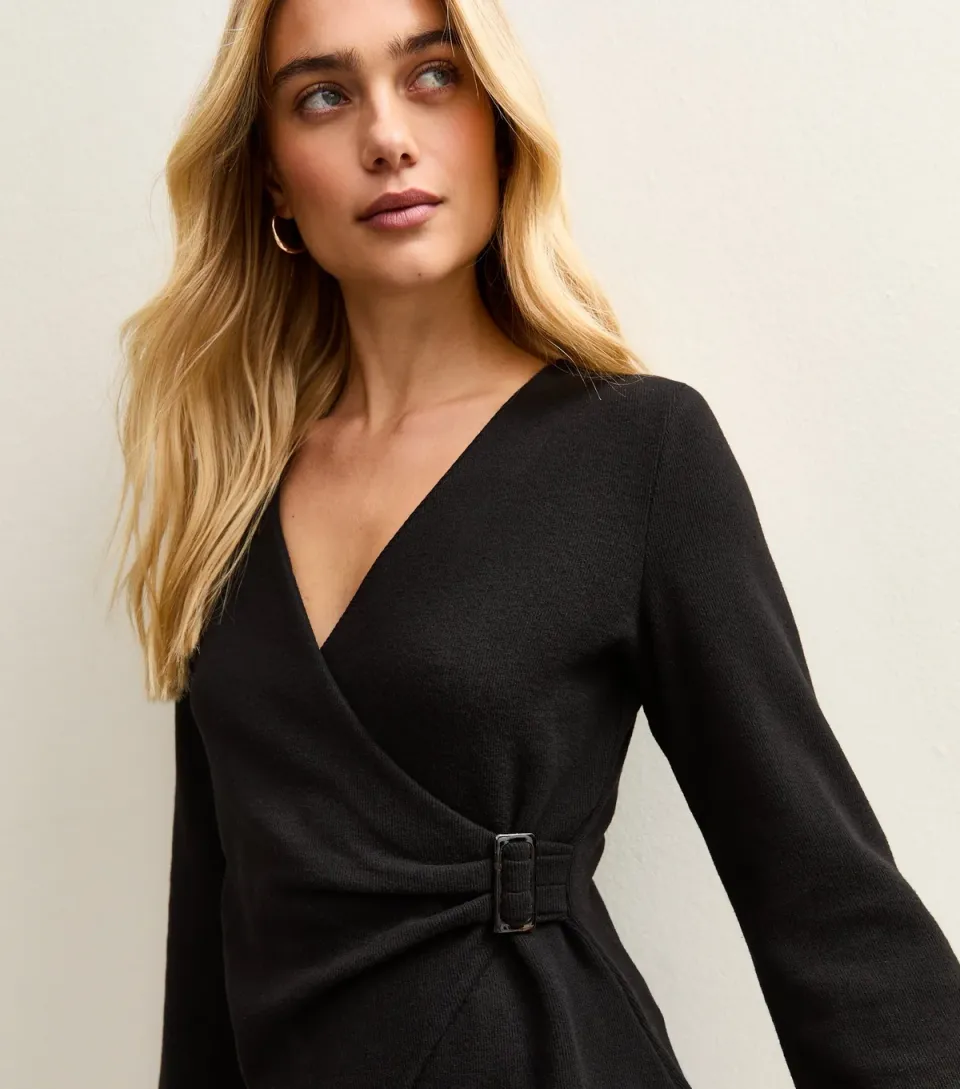 Women's Black Soft Touch Wrap Effect Top
