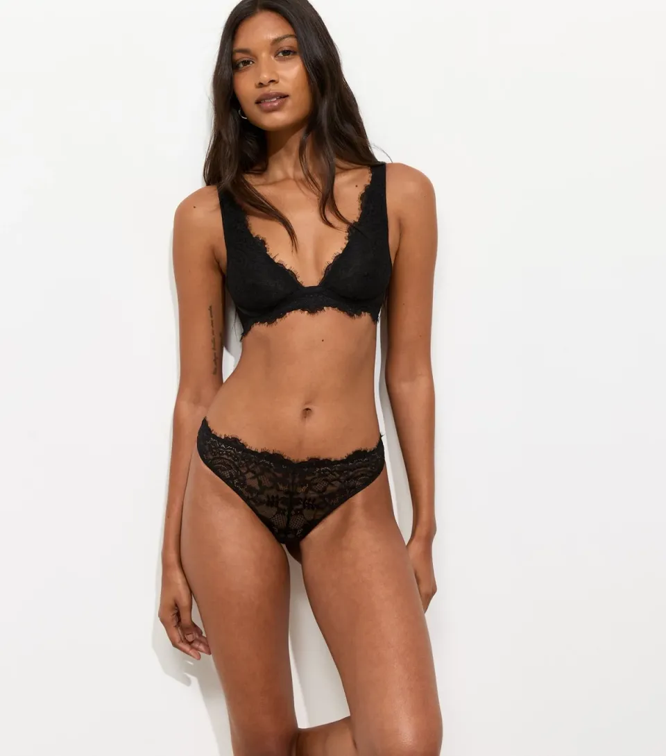 Women's Black Eyelash Lace Thong