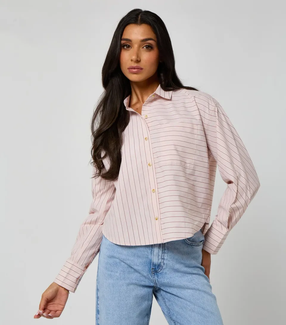 Women's Pink Stripe Print Cropped Poplin Shirt