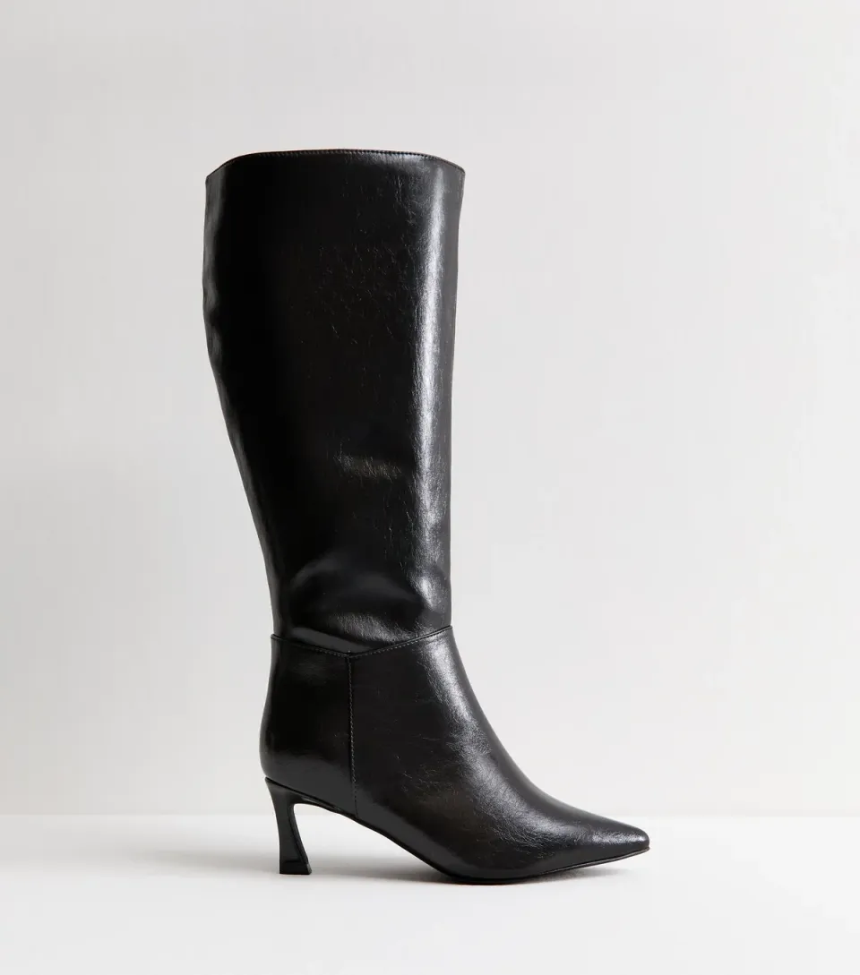 Women's Wide Fit Black Faux Leather Heeled Boots Vegan