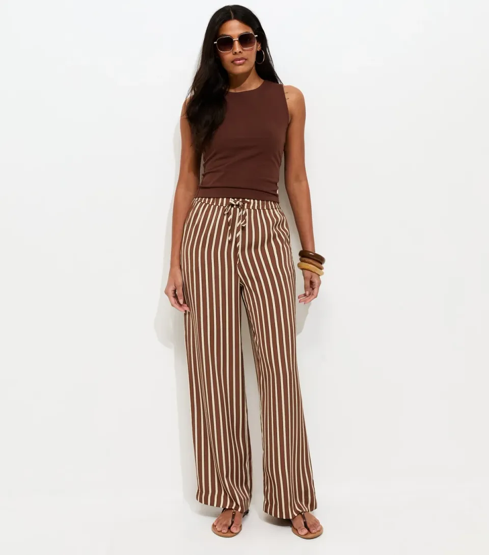 Women's Cream Stripe Wide Leg Trousers