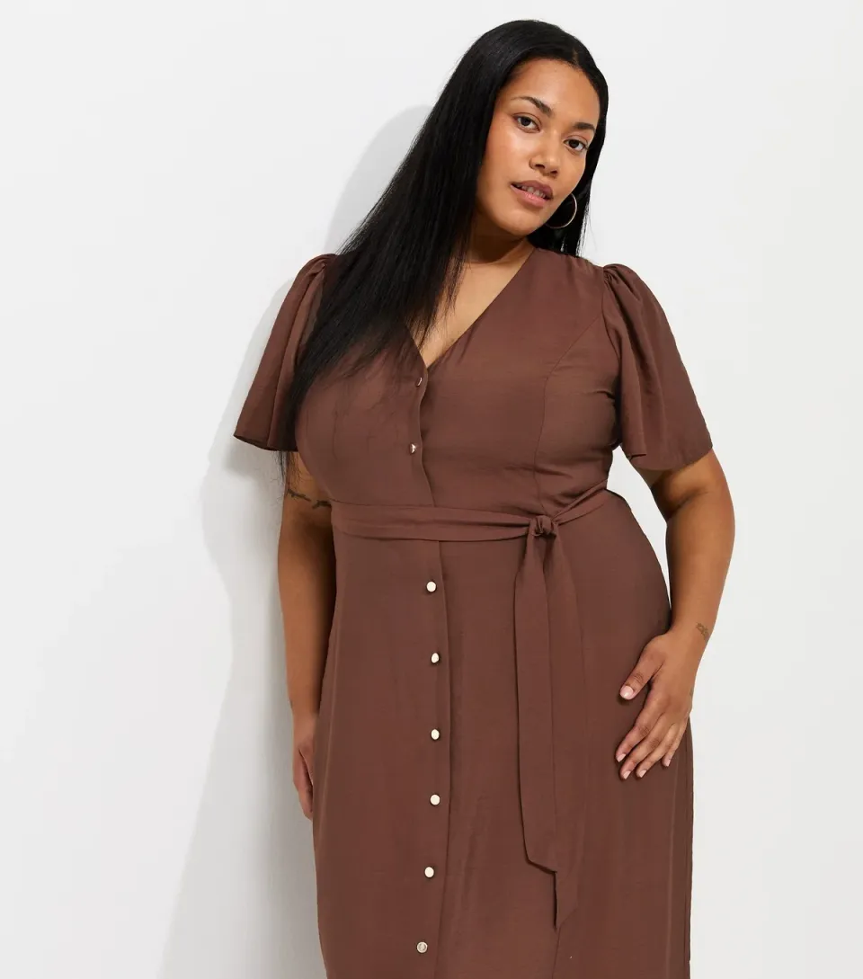 Women's Plus Size Dark Brown Button Through Puff Sleeve Midi Dress Curves