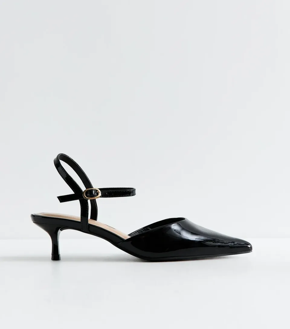Women's Truffle Black Patent Faux Leather Ankle Strap Court Shoes