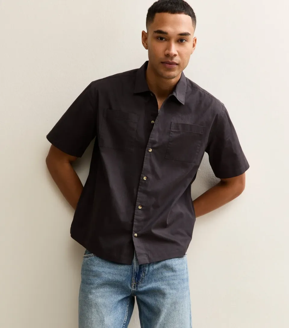 Men's Dark Grey Boxy Double Pocket Short Sleeve Shirt