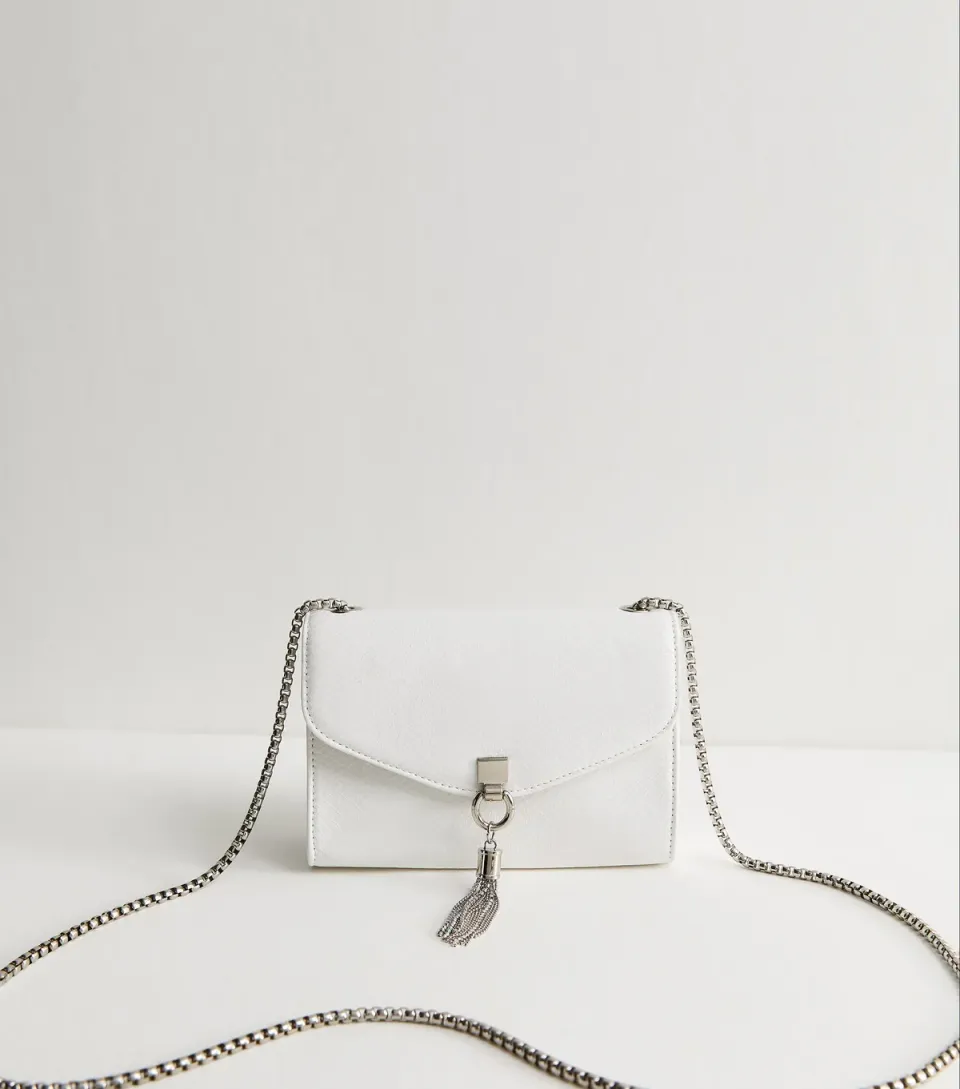 White Faux Leather Snake Embossed Tassel Crossbody Bag Vegan