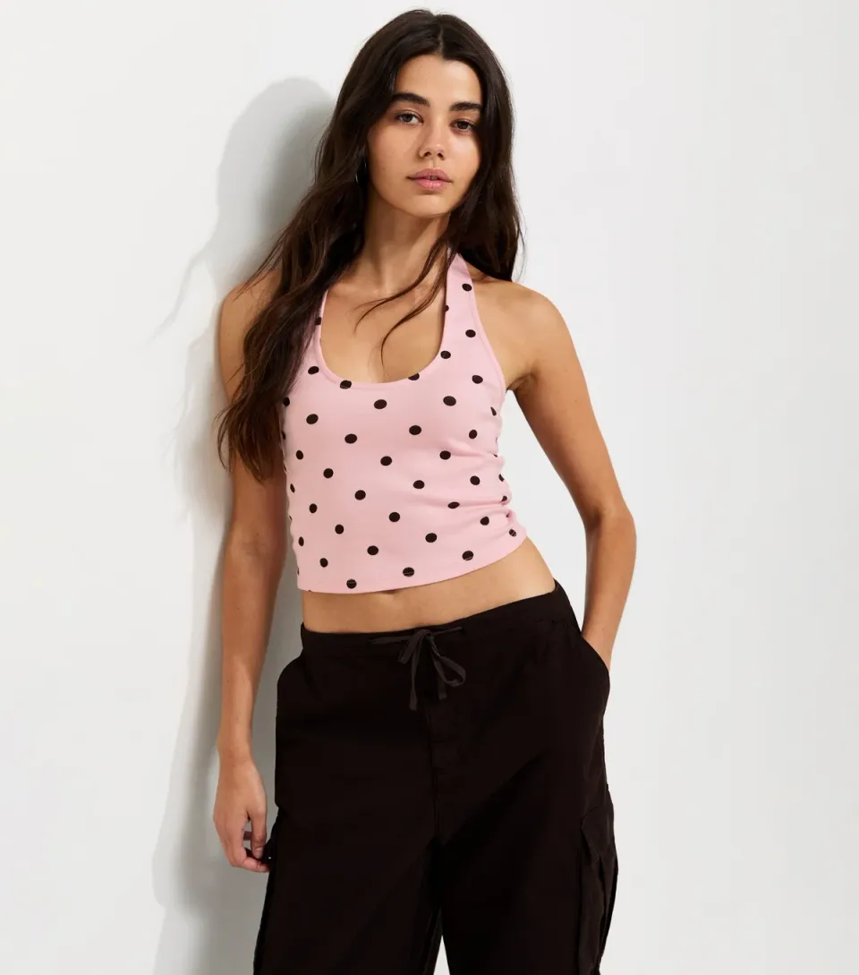 Women's Pink Cotton Rich Polka Dot Scoop Halter Neck Top
