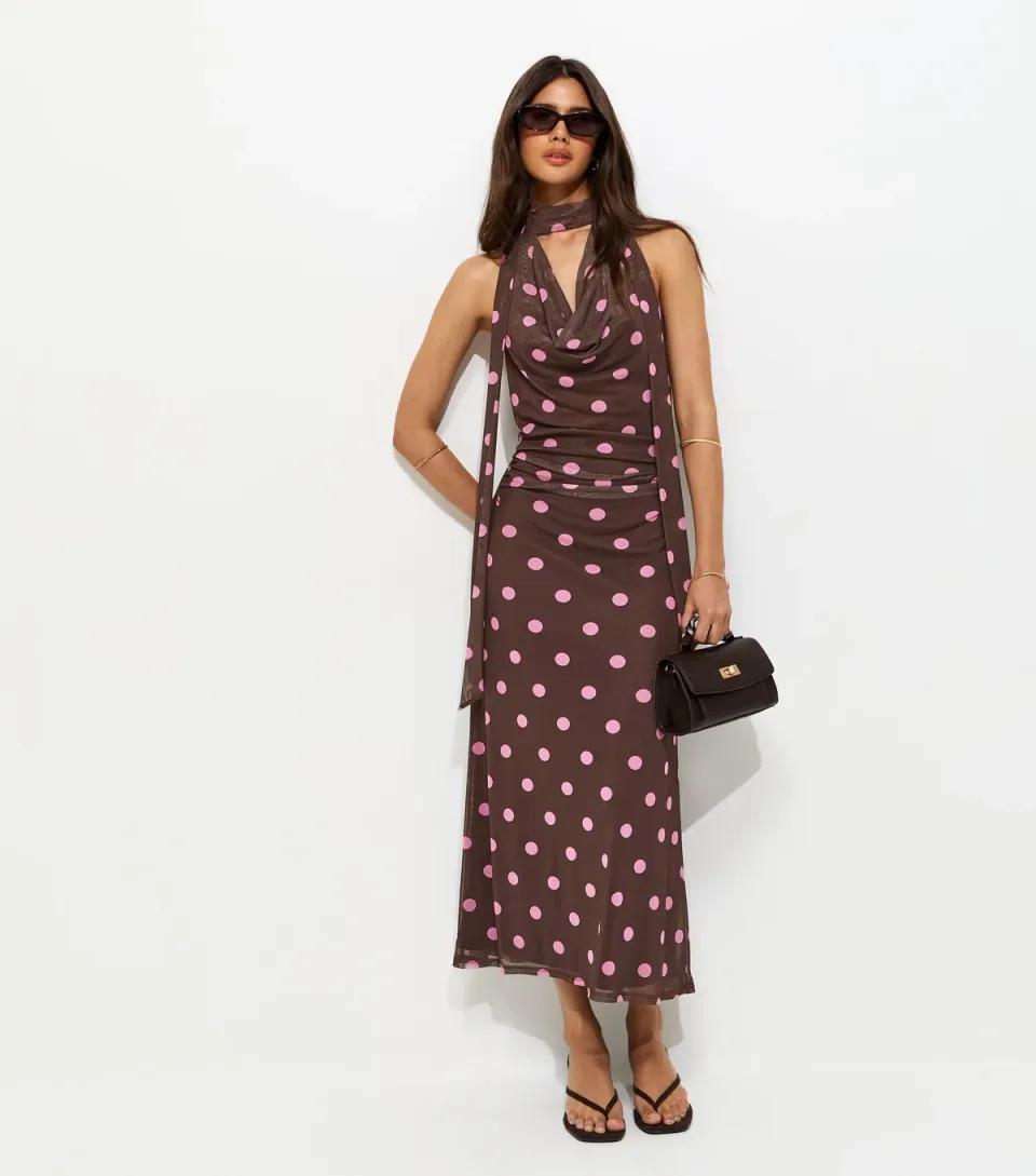 Women's Brown Polka Dot Cowl Neck Scarf Trim Midi Dress