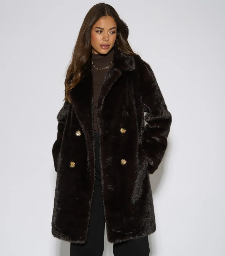 Women's Dark Brown Faux Fur Double Breasted Coat