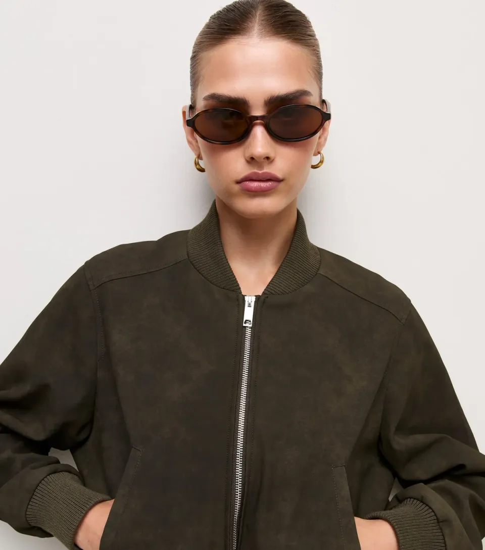 Women's Dark Khaki Faux Suede Bomber Jacket