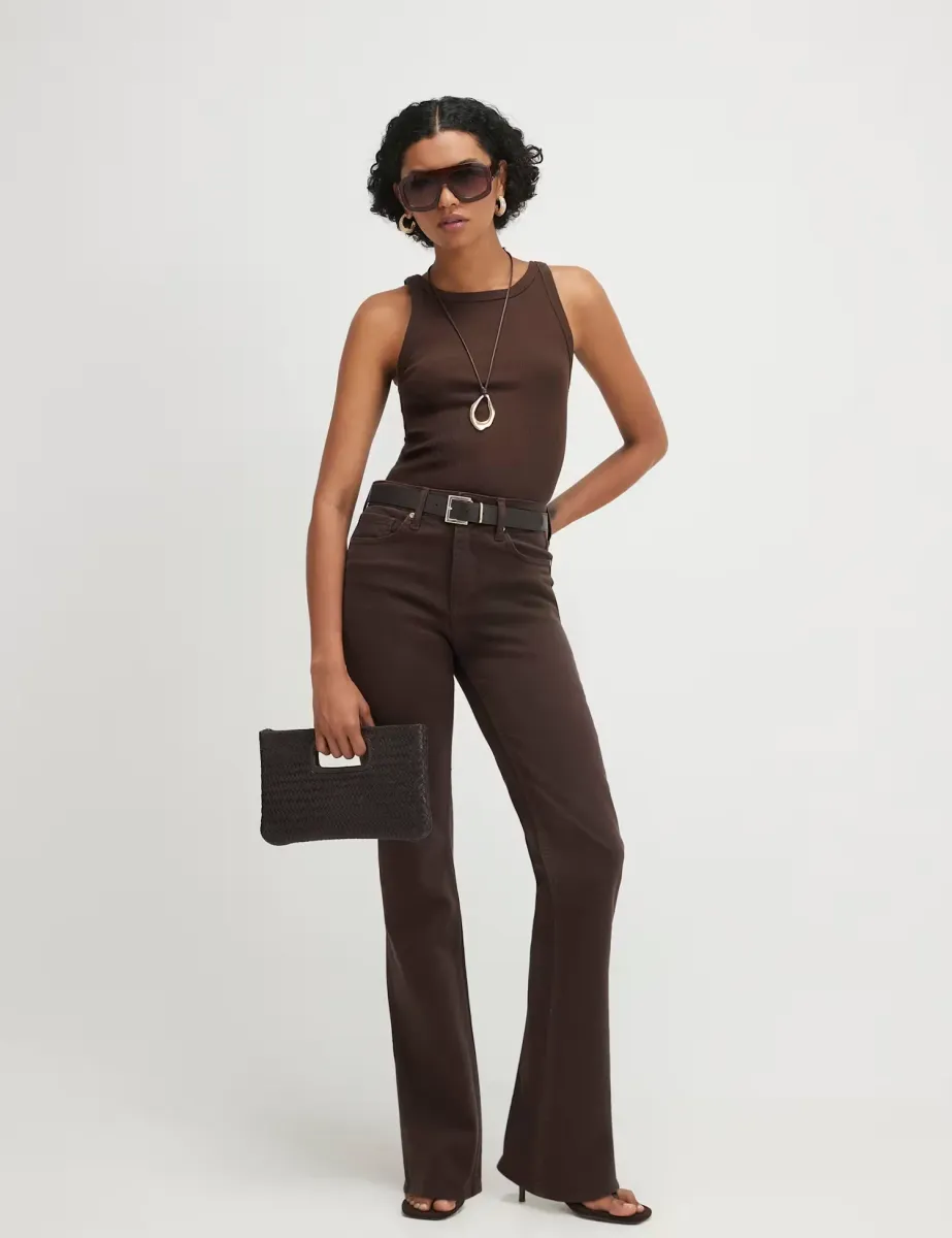 High Waisted Belted Straight Leg Jeans Chocolate