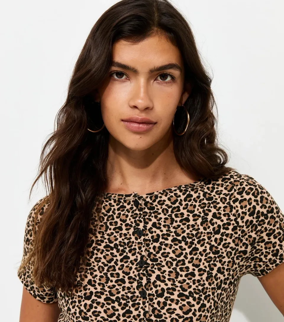 Women's Brown Cotton Rich Leopard Print Button Front T-Shirt