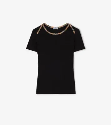 Check Trim Stretch Cotton T-shirt in Black