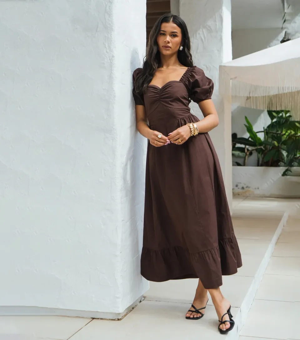 Women's Dark Brown Puff Sleeves Midi Dress