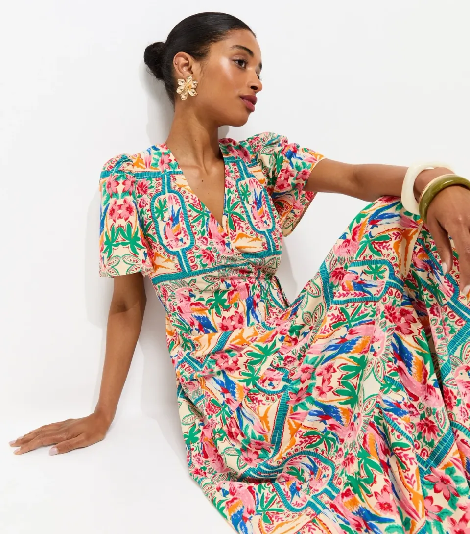 Women's Multicoloured Parrot Print Crepe Wrap Midi Dress