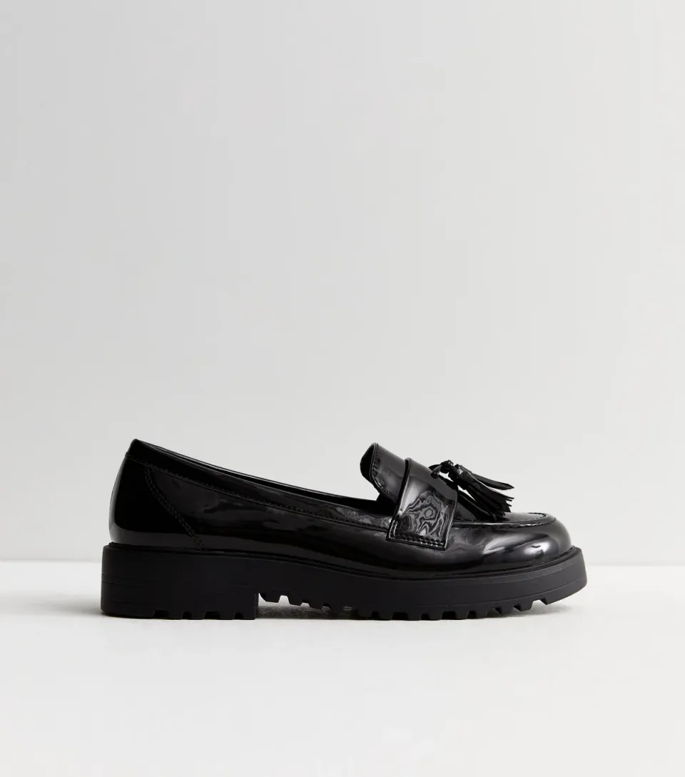 Women's Black Patent Tassel Chunky Loafers Vegan