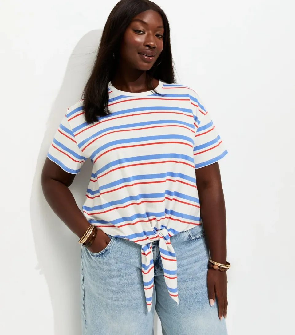 Women's Plus Size White Cotton Striped Tie Front T-Shirt Curves