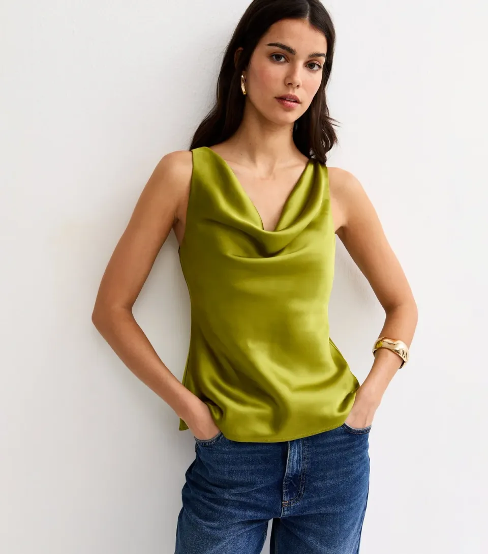 Women's Green Satin Cowl Neck Cami Top