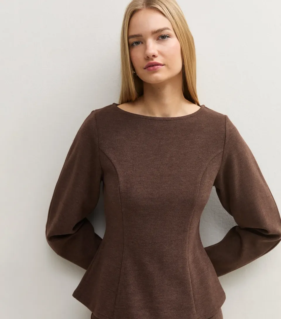 Women's Dark Brown Soft Touch Waisted Long Sleeve Top
