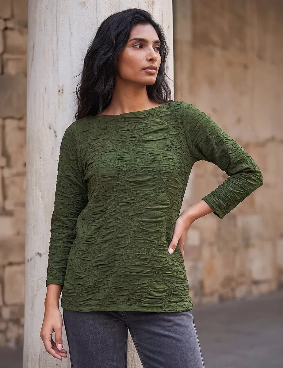 Textured Slash Neck Top Khaki