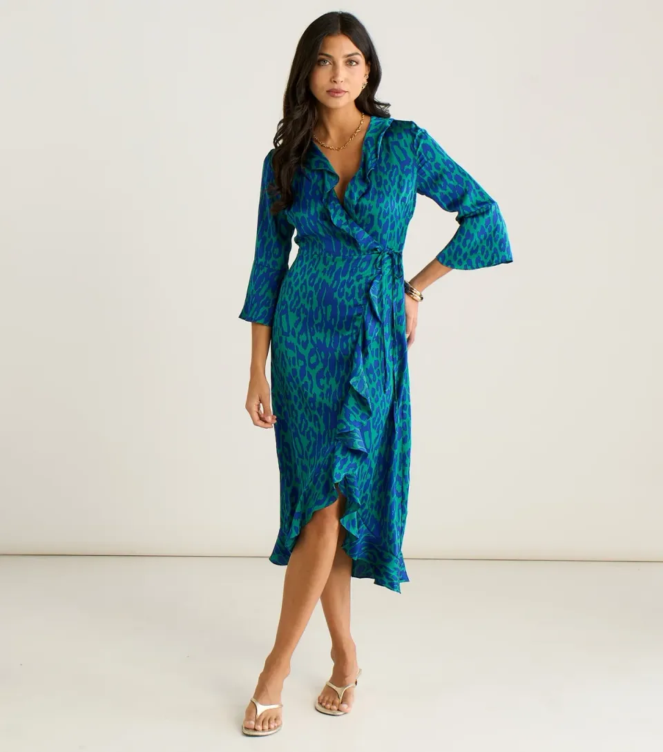 Women's Green Animal Print Ruffled Wrap Dress