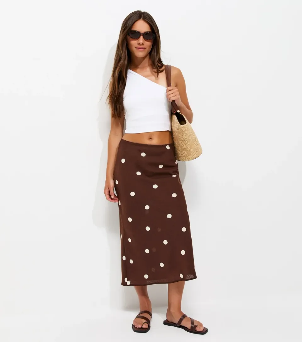 Women's Petite Brown Satin Spot Print Bias Cut Midi Skirt