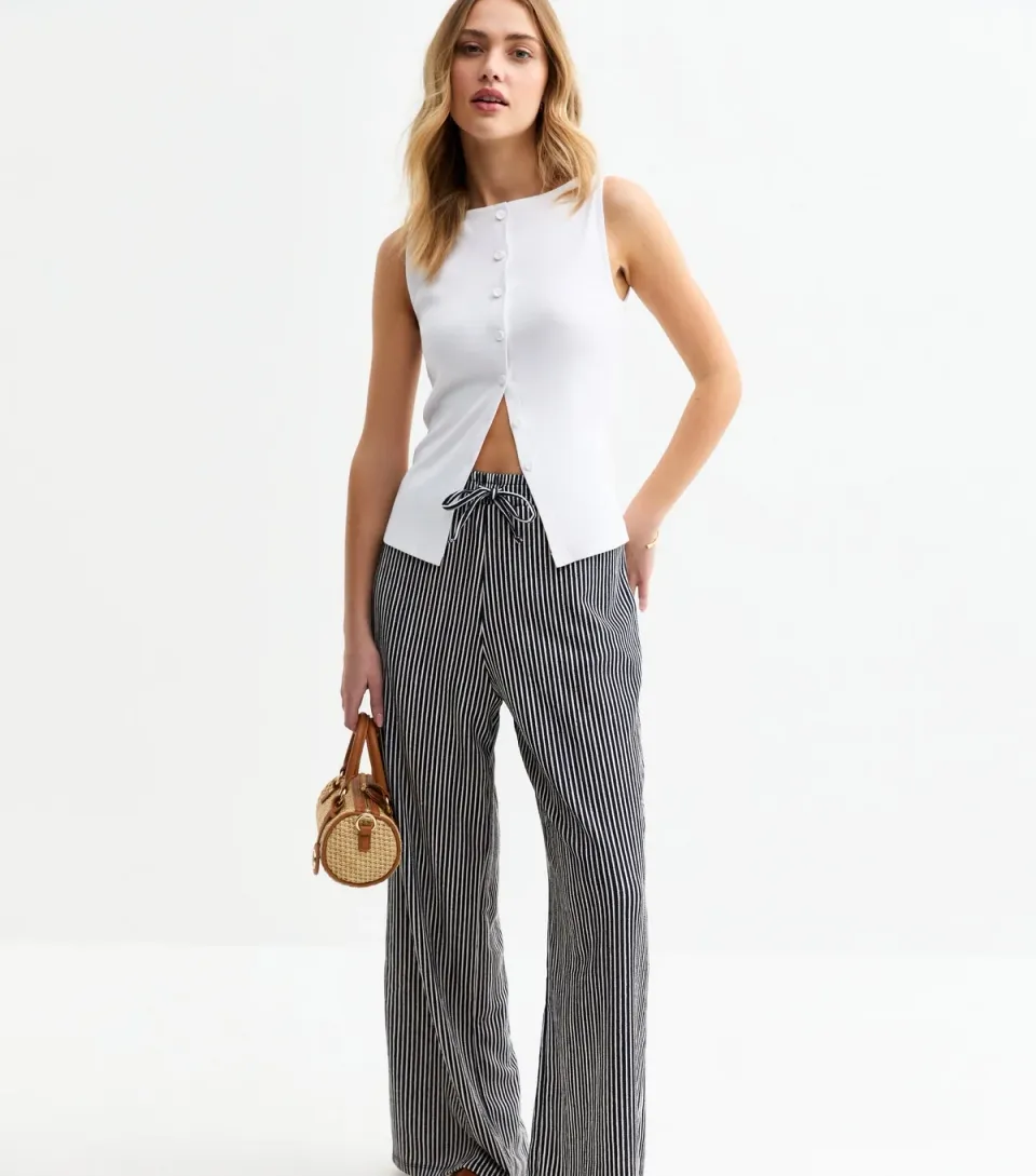 Women's Blue Striped Drawstring Waist Wide Leg Trousers
