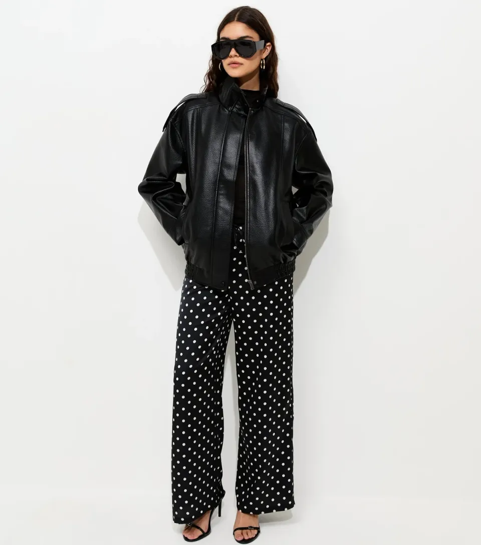 Women's Black Polka Dot Satin Wide Leg Trousers
