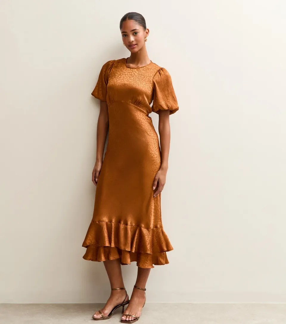Women's Light Brown Feather Jacquard Satin Midi Dress