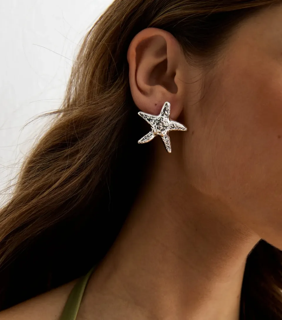 Silver Tone Textured Starfish Stud Earrings