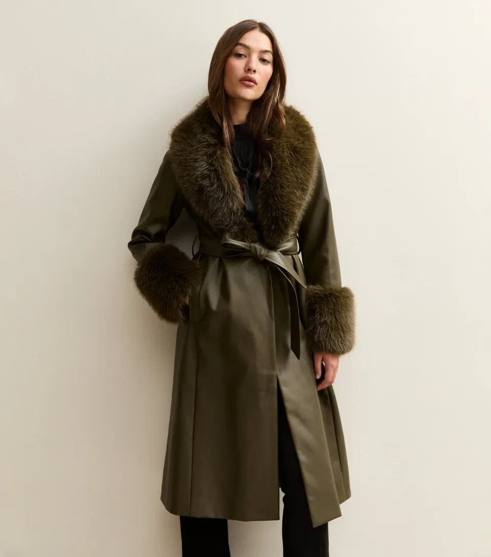 Women's Khaki Faux Leather Faux Fur Trim Longline Jacket