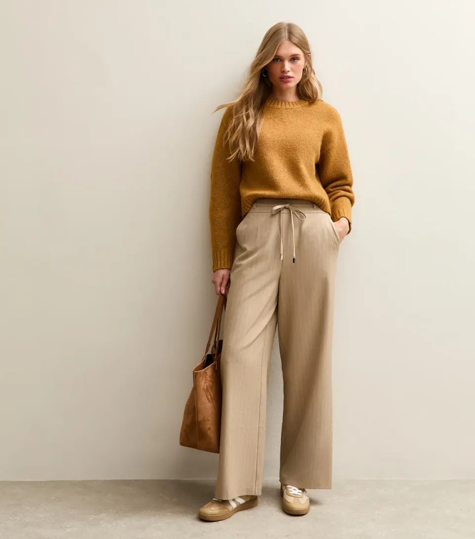 Women's Brown Striped Tie Waist Wide Leg Trousers