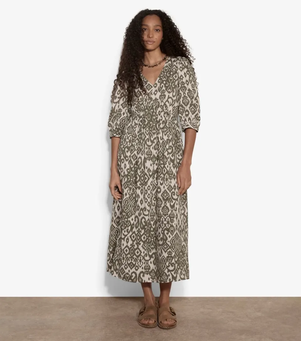 Women's Light Khaki Tapestry Ikat Print Midi Dress