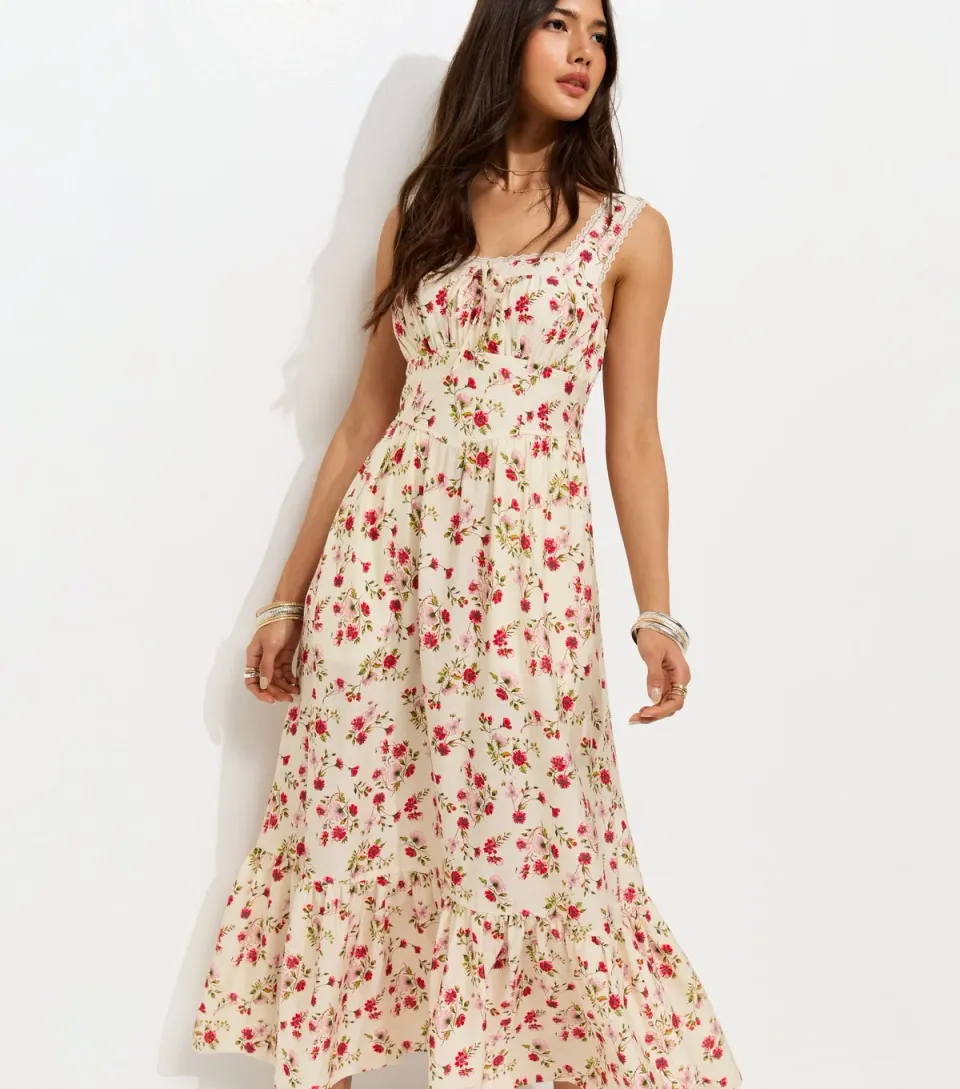 Women's Cream Ditsy Floral Ruched Midi Dress